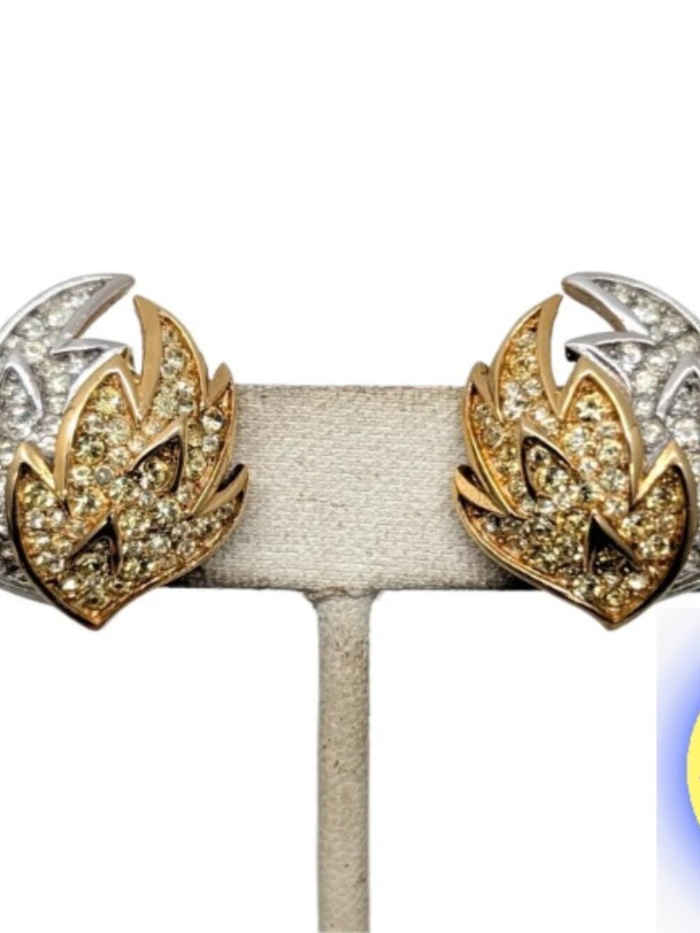Vintage Signed Crown Trifari Pave Clear & Faux-Citrine Clip Earrings
